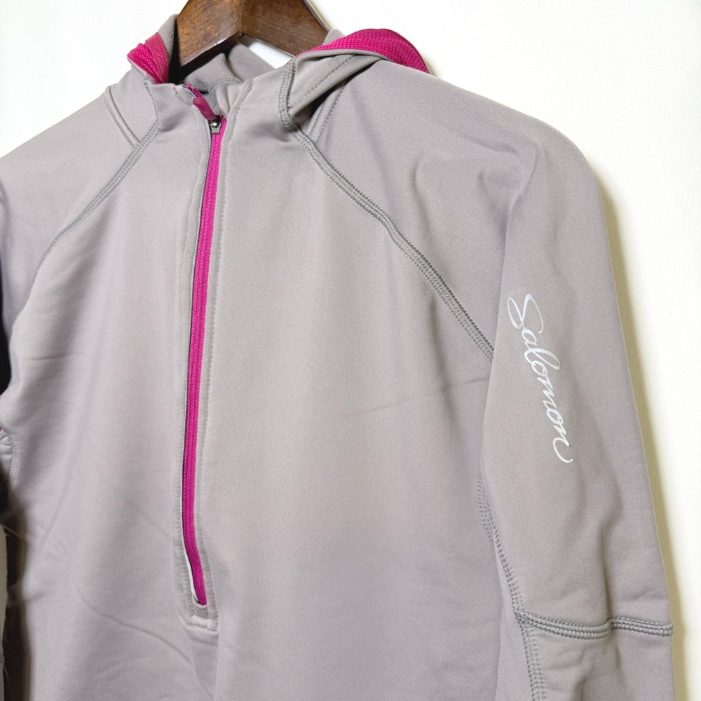 Salomon Womens Grey Pink Half Zip Hooded Soft Shell XL Running Hiking Pullover